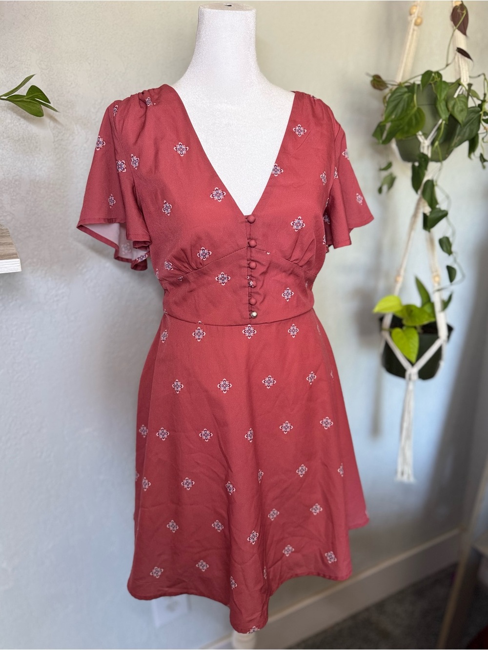Charlotte Russe Reddish Pink V-Neck Button Front Mini Dress